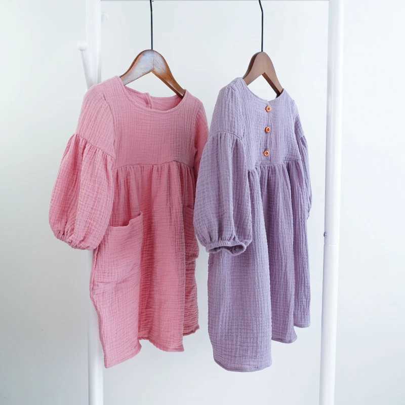 Autumn and Spring Childrens Clothing Organic Cotton Double Gauze Loose Pocket Baby Girl Dress Fashion Princess Casual Childrens Dress W250326