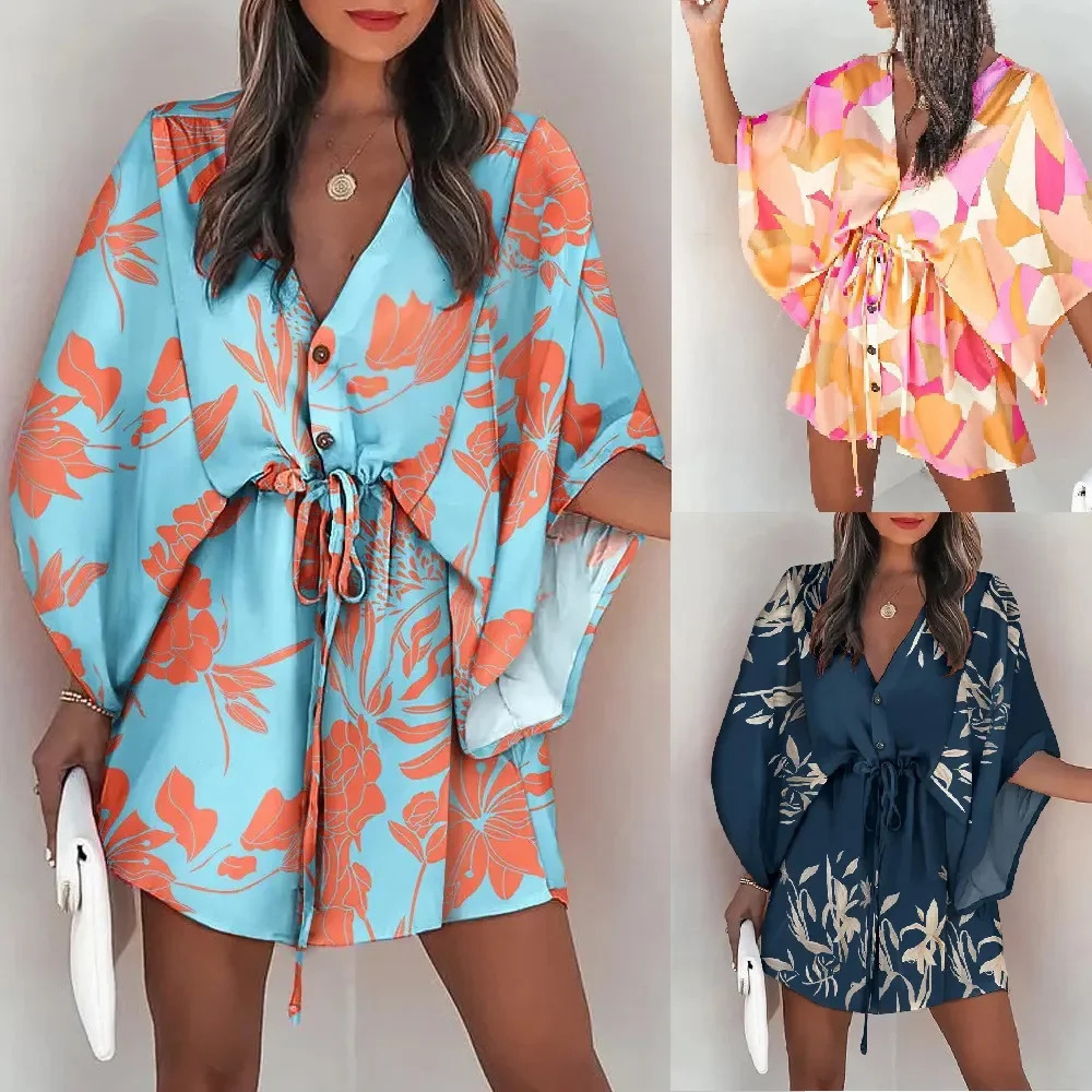 Summer casual brushed lace up mini loose dress with fashionable print batsleeves beach sexy button Vneck womens party cover 250326
