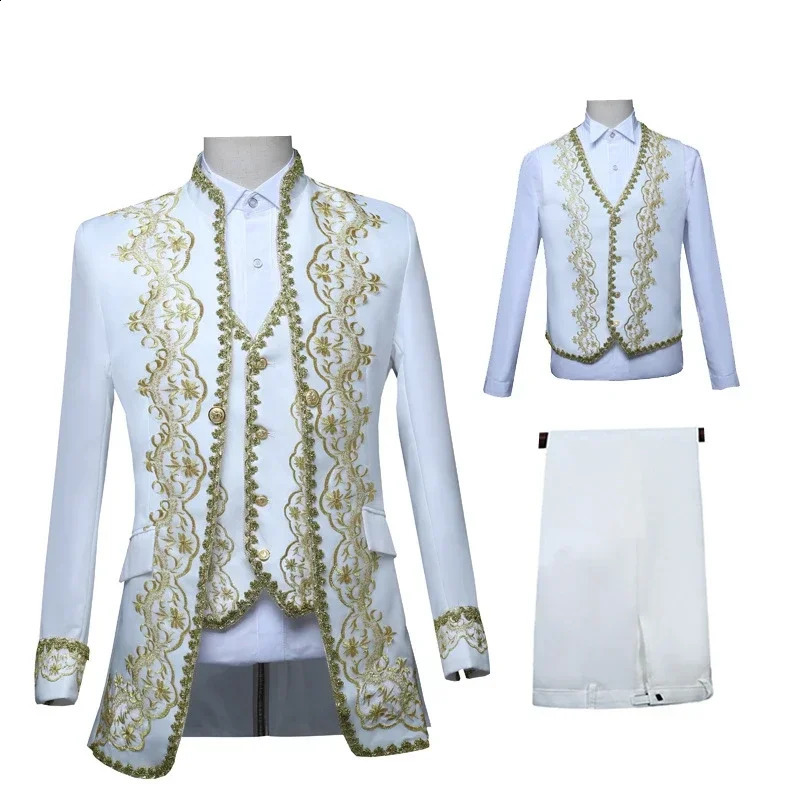 European gold retro tailcoat mens standing collar y set three piece opera stage costume 250326