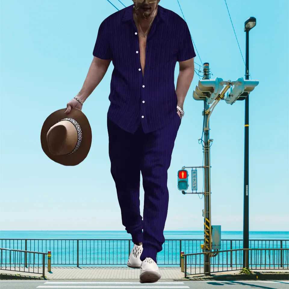 Ultra thin and lightweight summer mens casual loose short sleeved+Trousers beach set casual solid color lapel setXJ250326