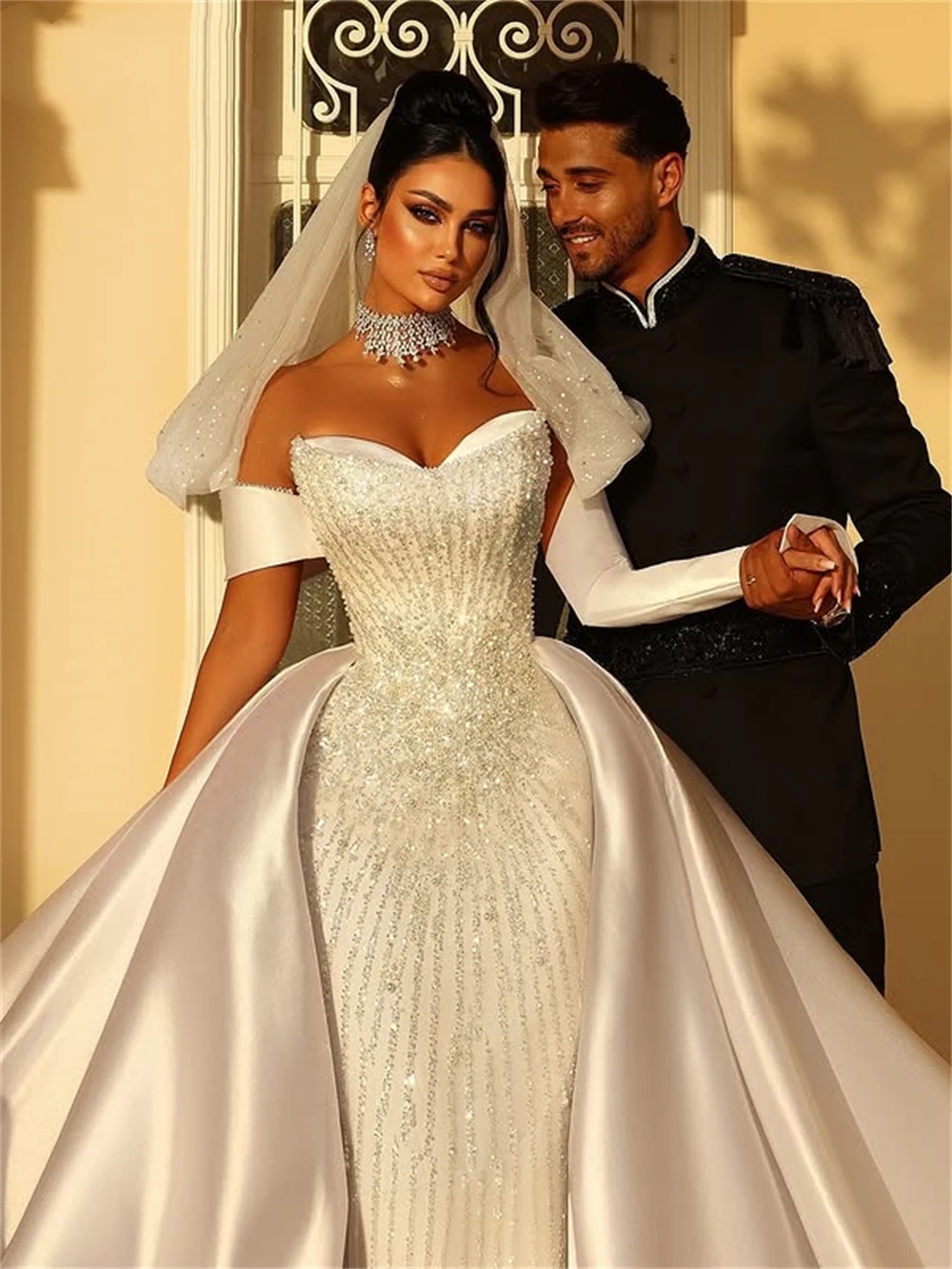 Luxurious Mermaid Wedding Dress Sweetheart Neck Off Shoulder Bridal Gowns Sequins Pearls Lace Detachable Train Dresses Custom Made vestidos de novia