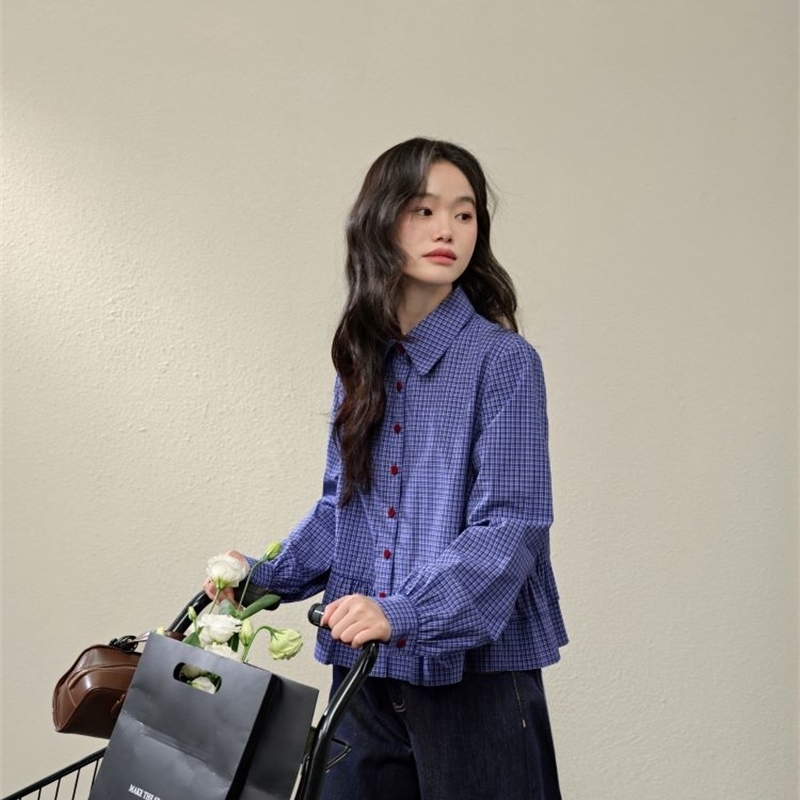 Blue Plaid blouse cgt kjuyhfviu yfiyf 250326