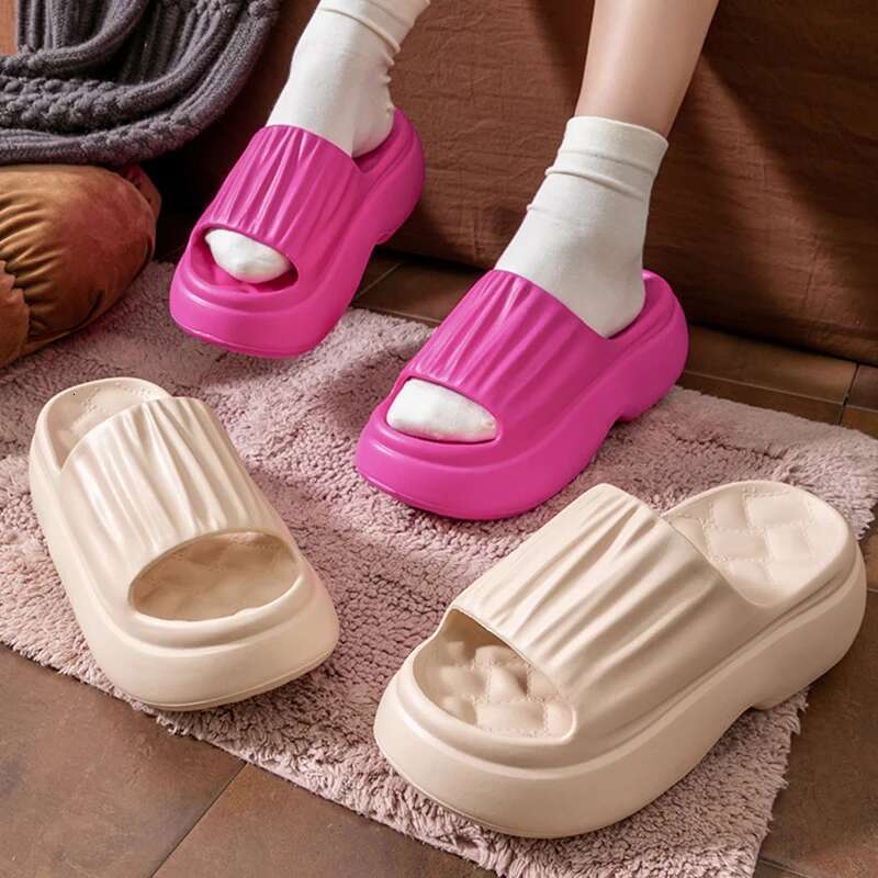 Chunky Platform Slippers for Women Summer Non Slip Thick Eva Sole Beach Slides Woman Pleated Design Wedge Heels Sandals