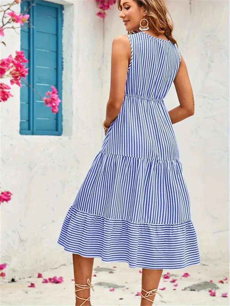 Dongdumaoyi Buttoned Striped Sleeveless Long Dress Spring Summer Design Inspired Tiered Export Women S Style C