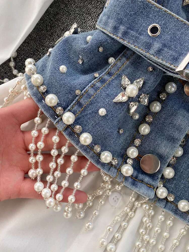 hoodie Spring Autumn New Blouse Women's Dia Beaded Puff Sleeve Blusa Top Tassel Pearl Sg Waistcoat Two-Piece Stacking Shirt C813 jacket