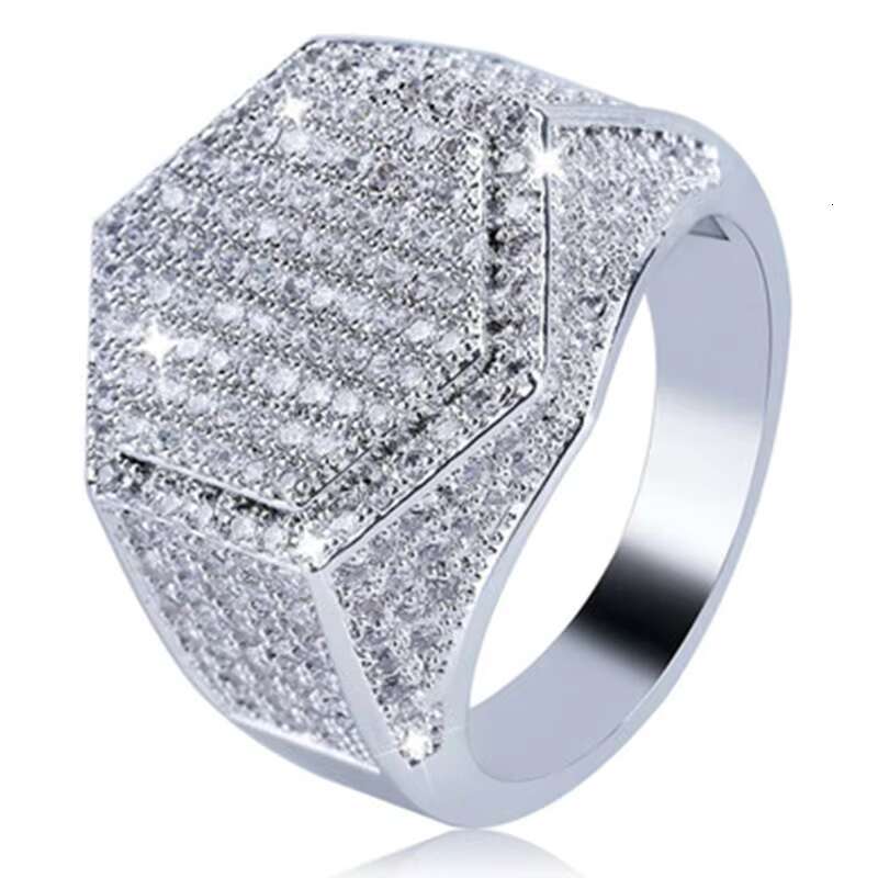 Mens Iced Out CZ Hexagon Bling Pinky Ring 18k Gold Plated Hip Hop Ring for Men