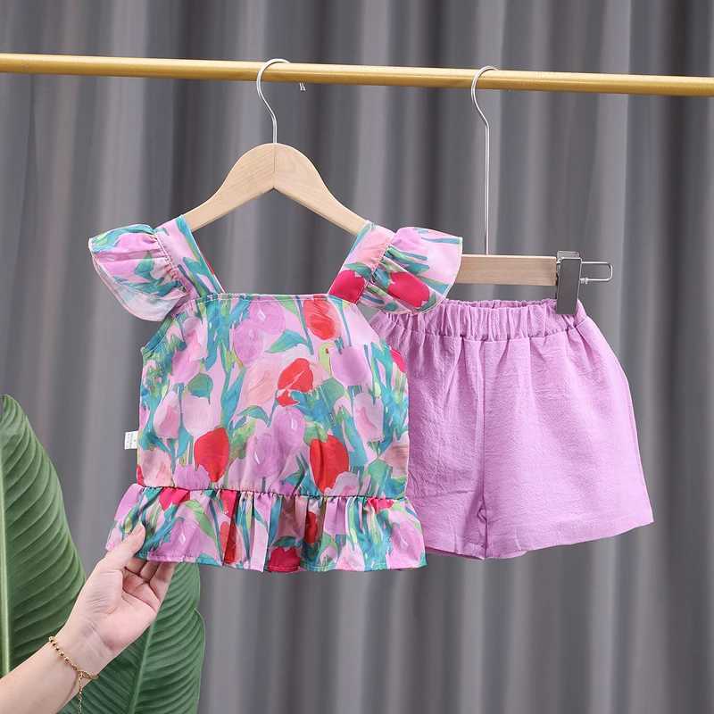 Baby girl summer pleated sleeveless top floral shorts two-piece setT250327