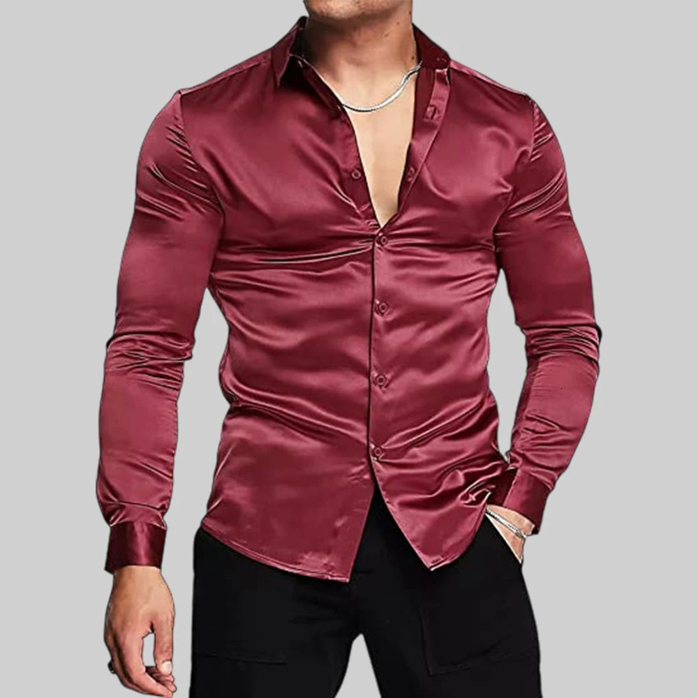 Mens Shiny Lapel Silk Satin Dress Shirts Long Sleeve Fashion Disco Prom Blouse Slim Fit Muscle Button Tuxedo Shirt 250326
