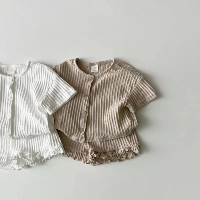 INS Korean Style Summer Thin Solid Color Girls Short Sleeve Ruffle Shirt Shorts Set for Toddler Baby Casual Two-Piece Outfits 250326