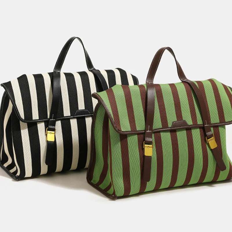 Multi-Use Briefcase Denim Canvas Striped Backpack Large Capacity Commuter Black White Contrast Handbag Messenger Travel Bag