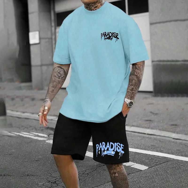 2024 Summer Mens Casual Short Sleeve Shorts Set Simple Letter Print Breathable Street Shoot 2-Piece Fashion O Collar Mens SuitXJ250326