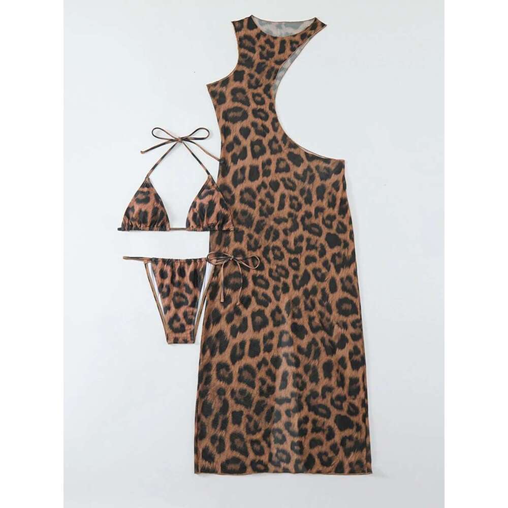 3 Pieces Leopard Triangle Halter String Bikini Hollow Out Swimsuit Women Swimwear Female Bathers Bathing Swimming Swim Suit