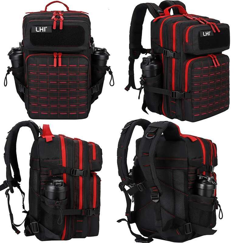 LHI 45L Tactical Backpack For Men And Women Black Red Zipper Spotrs Athlete Gym Bag Outdoor Hiking Rucksack With Bottle Holder