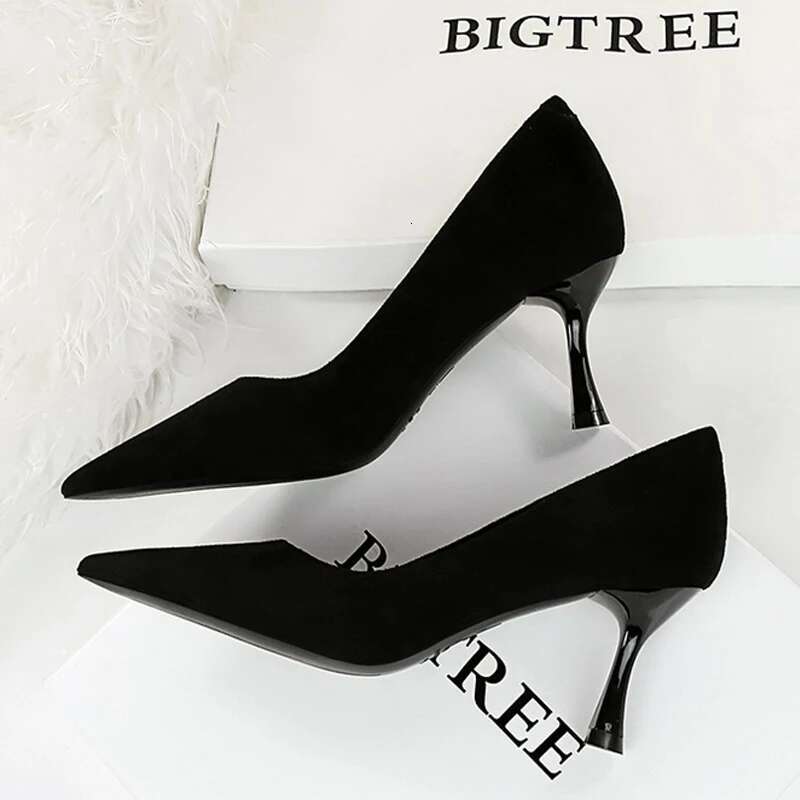 BIGTREE Suede Black Pumps Wine Glasses And High Pointed Toe Women Heels 7 Cm 10cm Ladies Office Shoes