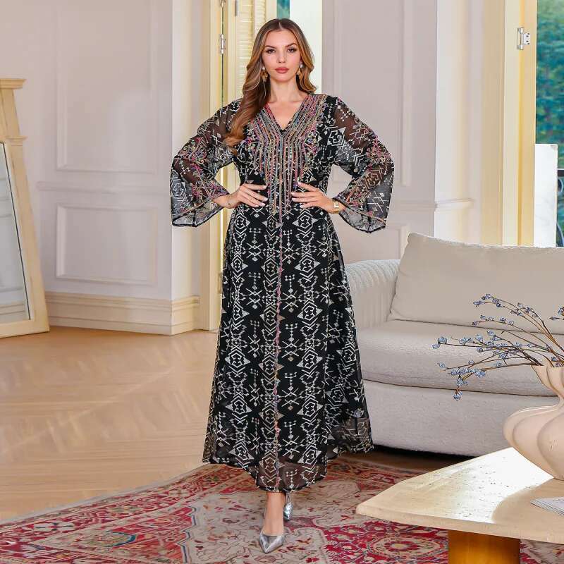 Dongdumaoyi Moslim Elegante Geborduurde Jurk Midden Oosten Kleding Touw Gewaad Abaya Vrouwen Lange W