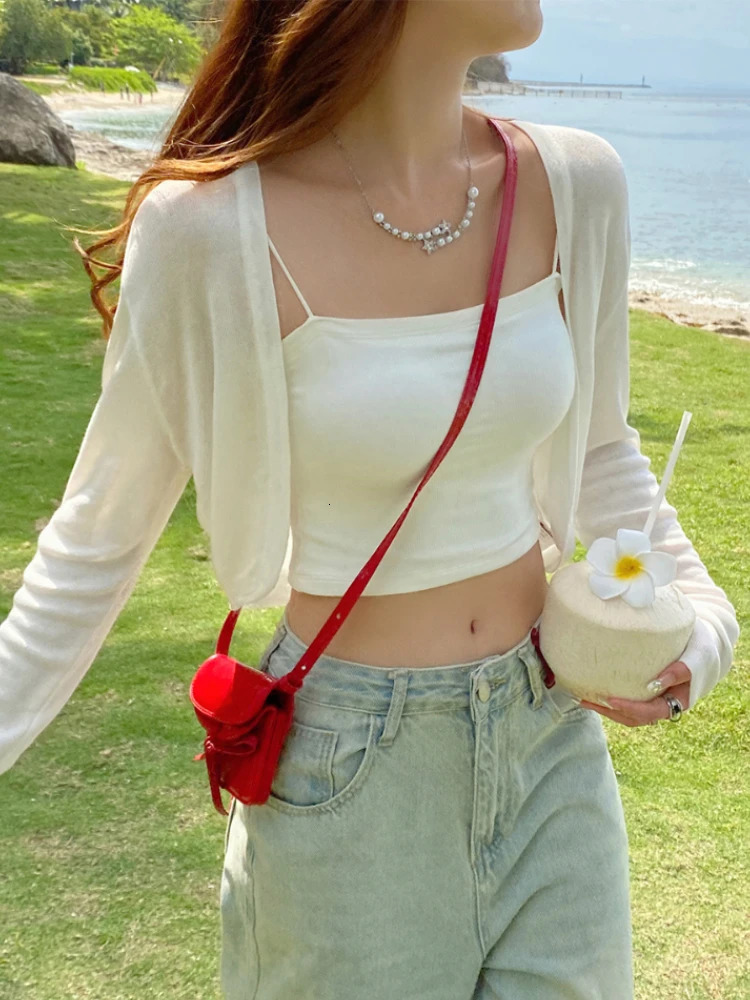 AOSSVIAO white tie summer cardigan womens sexy long sleeved transparent thin crop top fashion fully matched short Tshirt unprinted good product 250326