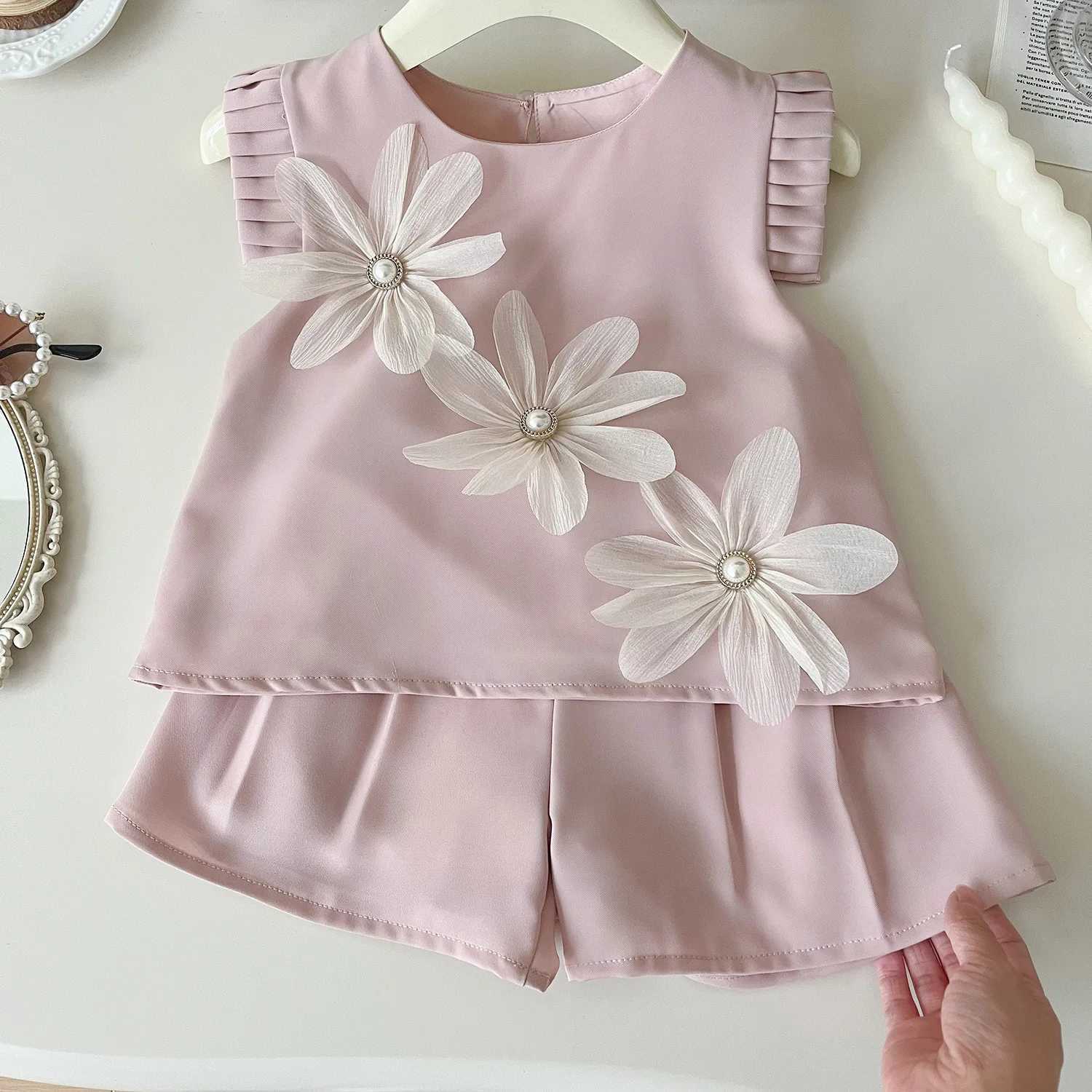 Cute summer three flower short sleeved T-shirt+short sleeved 2-piece casual set baby clothingT250327