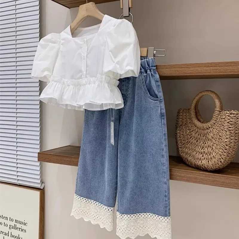 Girls clothing set summer childrens square neckline bubble sleeve shirt lace thin soft jeans two-piece setT250327