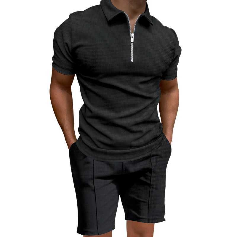 Cross border 2024 Summer Mens Polo Shirt Set Solid Color Waffle Short Sleeve Slimming Collar T-shirt Casual Mens SetXJ250326