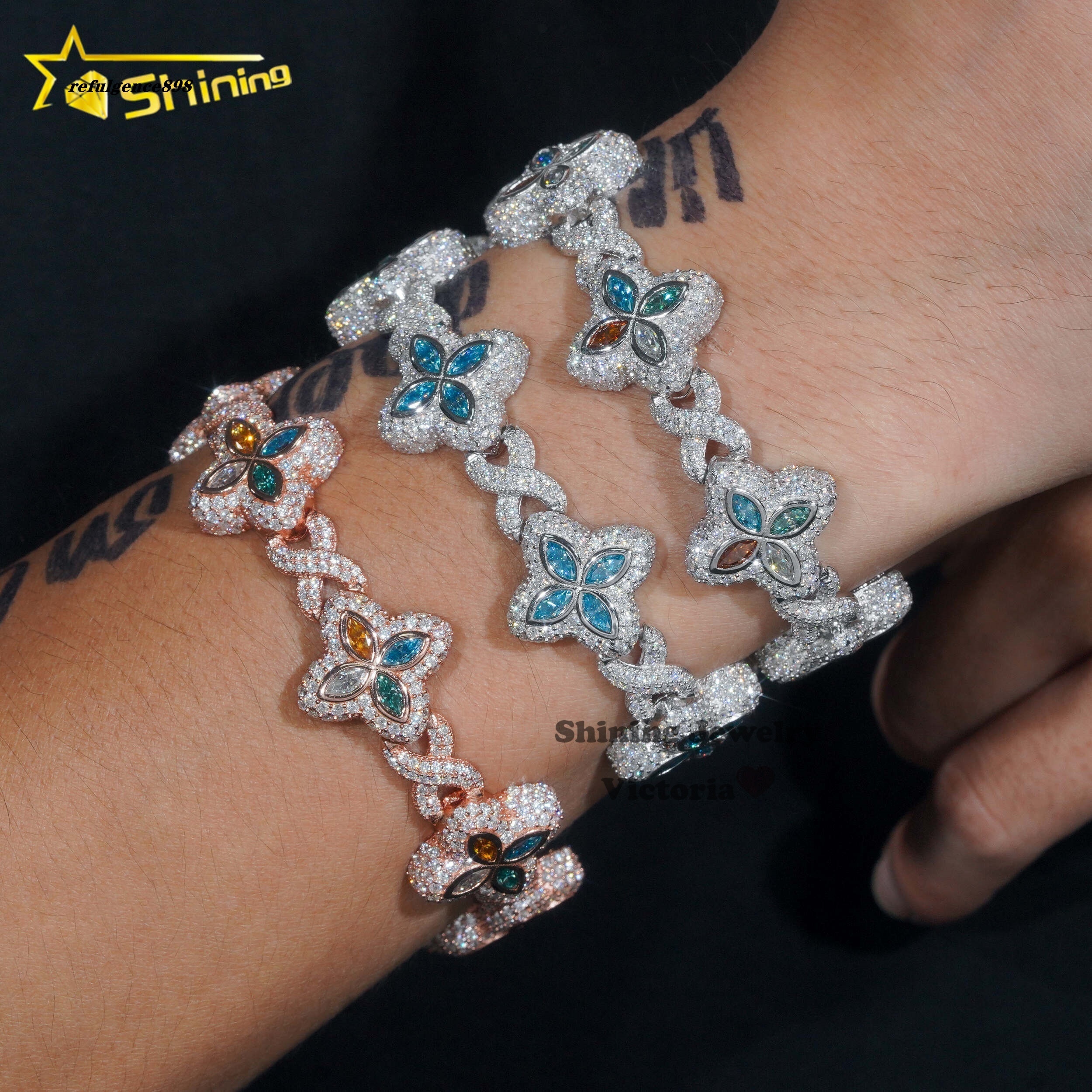 New Arrival Trendy Rapper Jewelry Iced Out 925 Silver Plated Moissanite Clover 18MM Infinity Link Cuban Bracelet Men