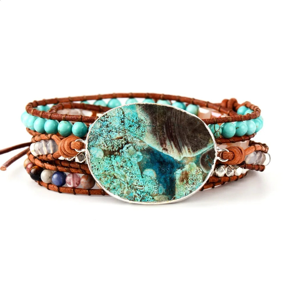 Women Leather Bracelet Unique Mixed Natural Stones Gilded Stone Charm 5 Strands Wrap Bracelets Handmade Boho Bracelet Dropship 250318
