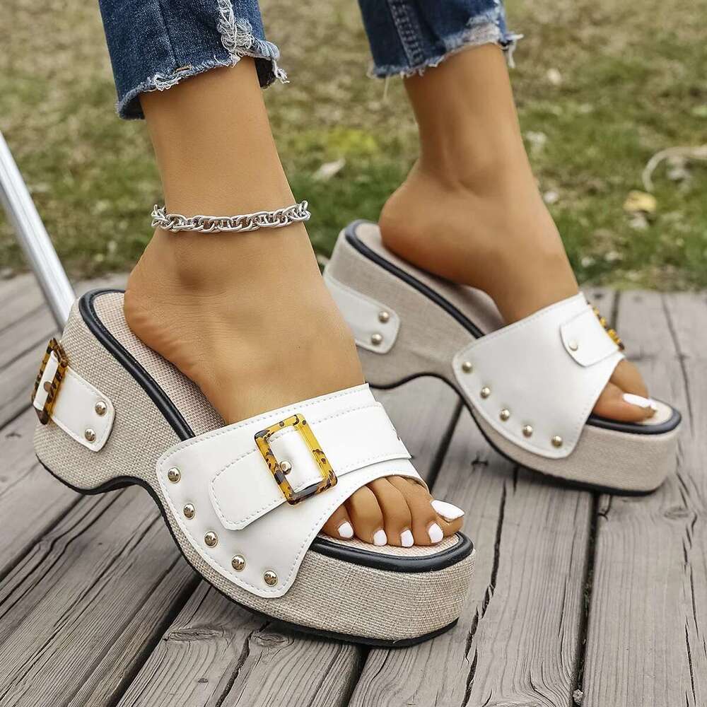 British Style Rome Comfy Soft High Heels Shoes for Women Summer Metal Buckle Casual Wedge Platform Sandals