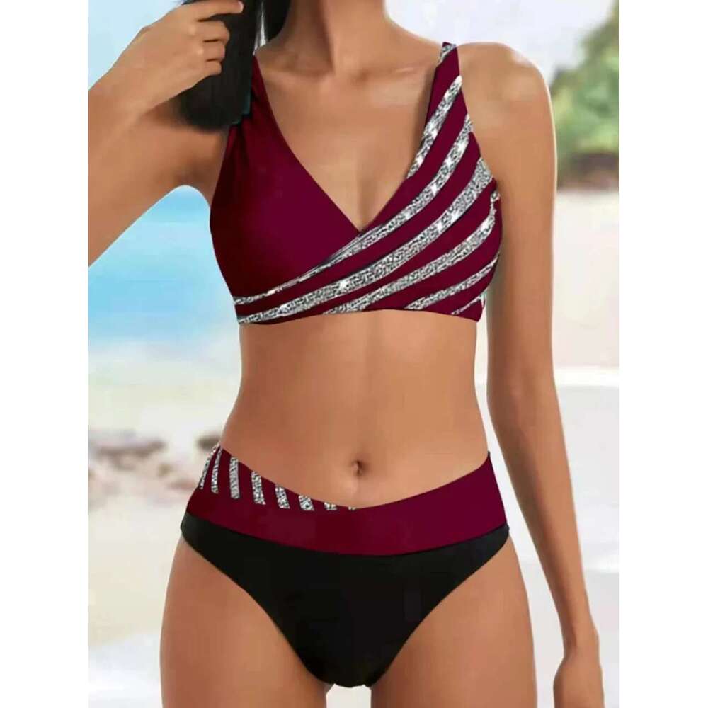 Bikini V Neck Set 2025 Women Stripe Print Patchwork Swimwear Summer Beachwear Swimsuit Female Bathers Bathing Swimming Suit 2XL