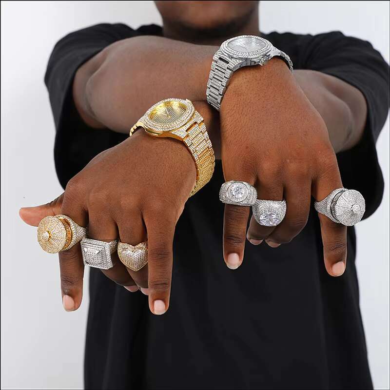 PVD Coating 18K Gold Plated Copper Alloy Gemstone Finger Ring Iced Out Ring Hip Hop Jewelry Cubic Zirconia Stone Men Rings