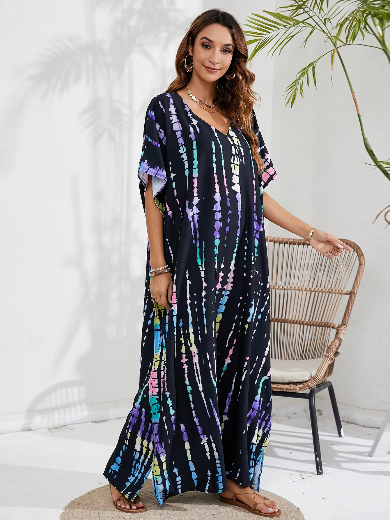 Womens Bohemian overlay plus size tie dye batwing sleeves Vneck Maxkaftan dress 250326