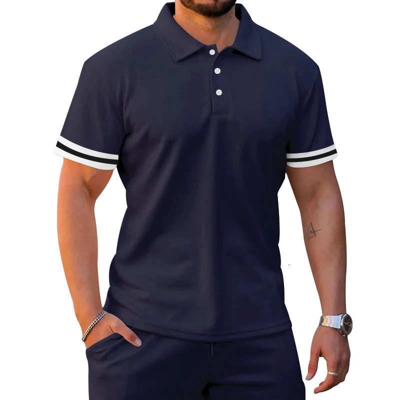 Summer mens sportswear with lapel buttons striped patches work short sleeved polo shirts and shorts casual plus clothing 250326