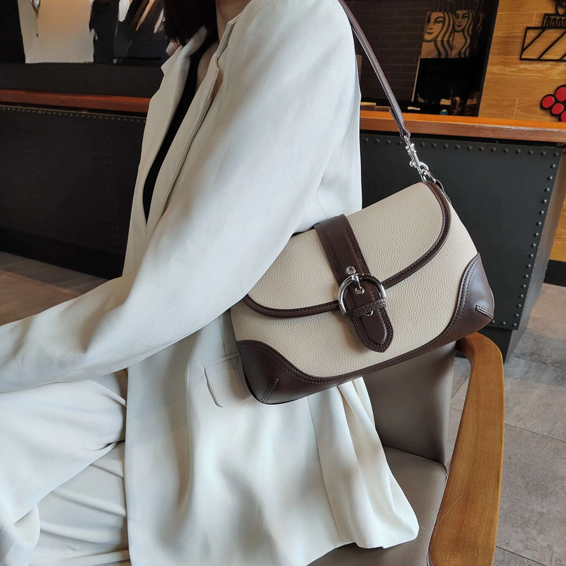 New England Style Hit-Color Armpit Underarm Shoulder For Genuine Cow Leather Women Crossbody Bag Daily-Use Handbag