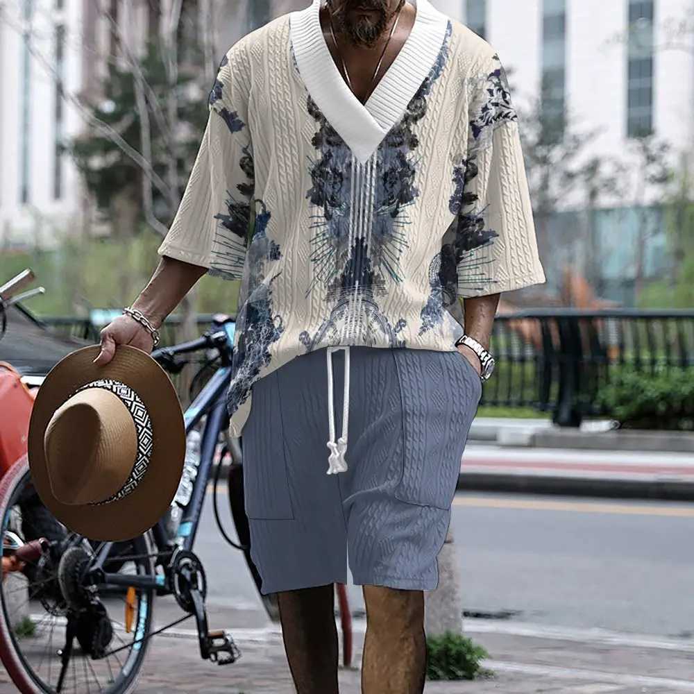 American classic printing traditional jacquard loose street personality trend mens V-neck hanging shoulder casual short sleeved shirtXJ250326