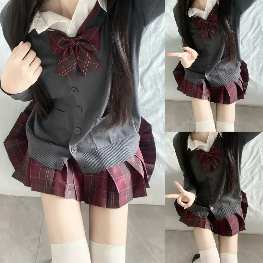 3Pc set Japanese Korean school uniform multicolor sweater and flat pleated dress Jk with bow graduate female 250326