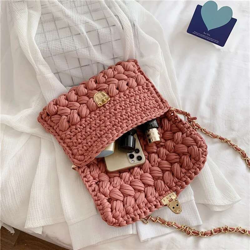 New Handmade Woven Women's Crossbody Thread Hook Knitted Shoulder Bag Colorful Strip Chains Bags For Women Small Purses