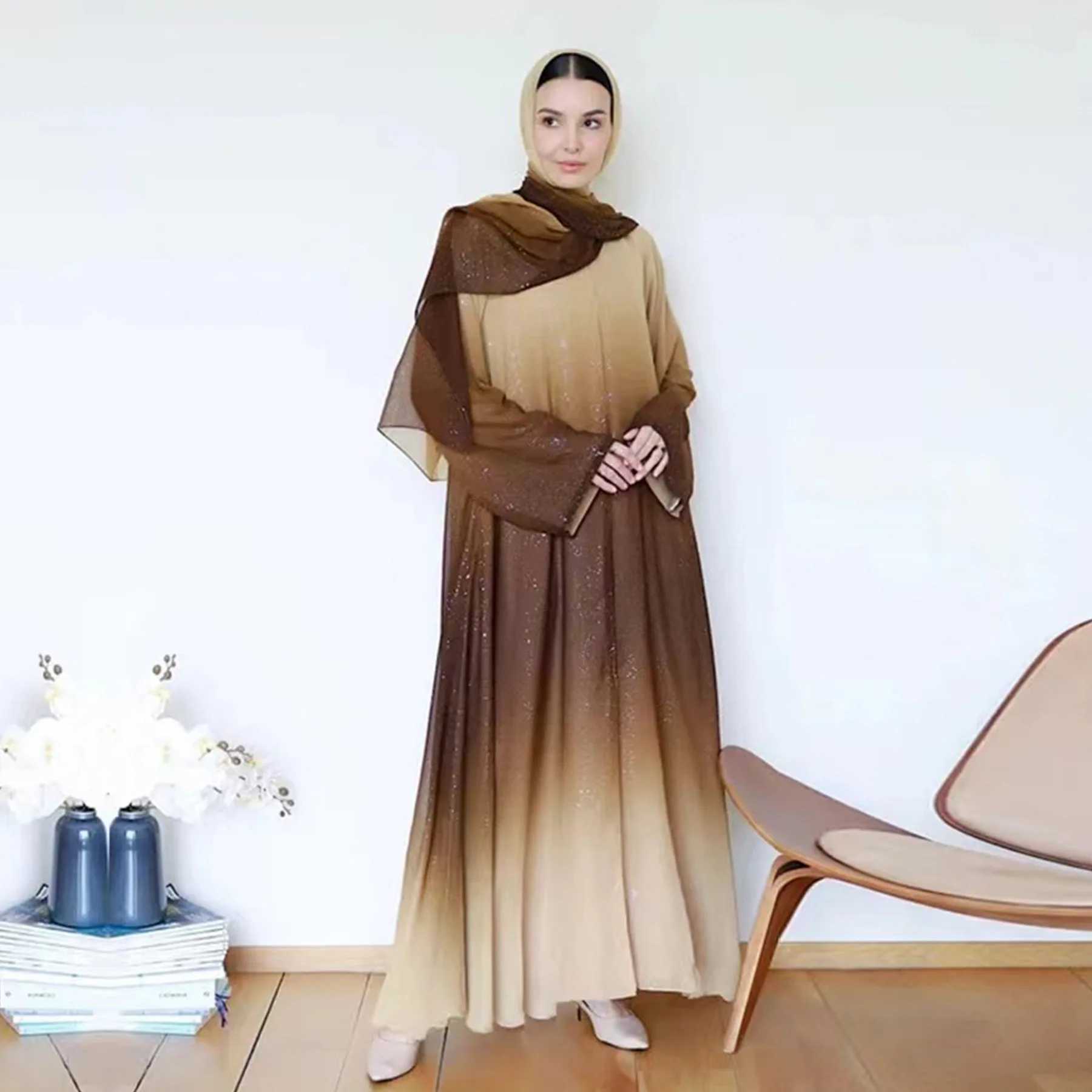 Dubai Luxury Gradient Color Abaya Open Kimono Muslim Dresses with Scarf Modest Robe Khimar Islamic Ka Caftan Jalabiya Kaftan X2505141