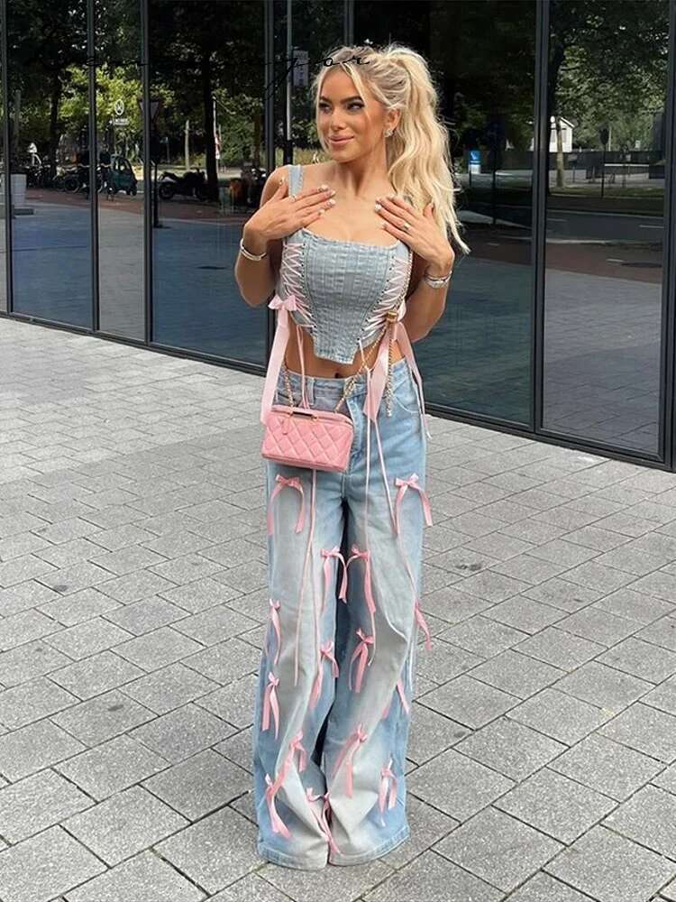 Casual Washing Bow Women Jeans High Waist Wide Leg Zippers Pockets Female Spring Summer New Fashion Lady Trouser