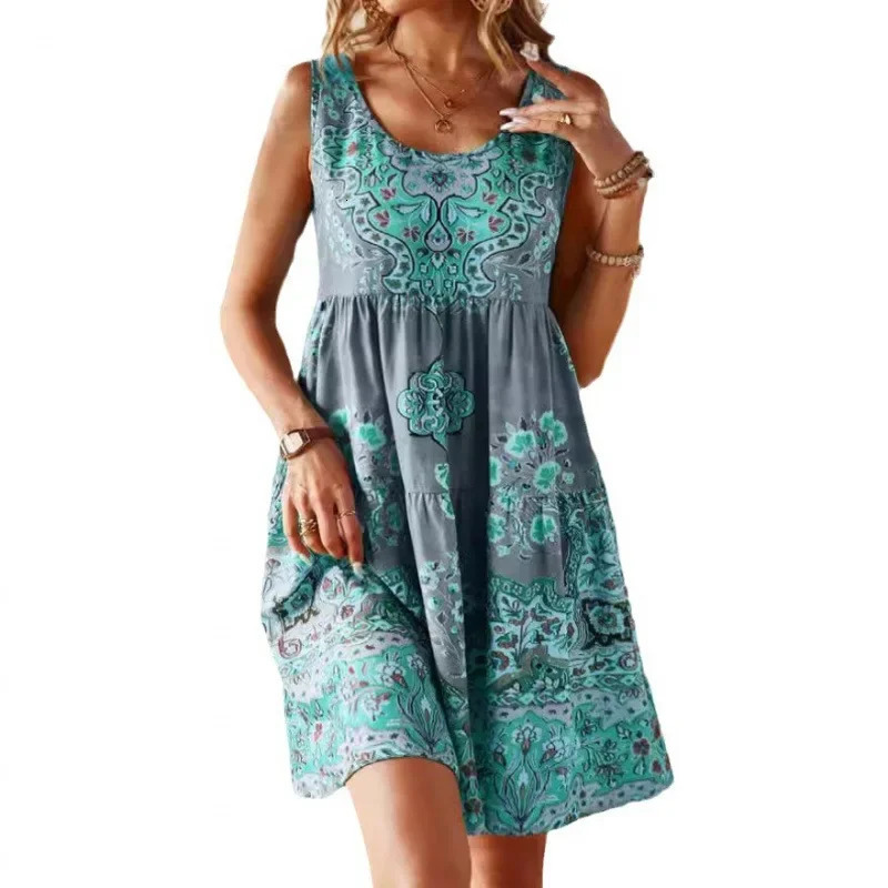 2024 Summer Fashion Printed Sleeveless Vneck Tank Top Womens Holiday Dress 250318