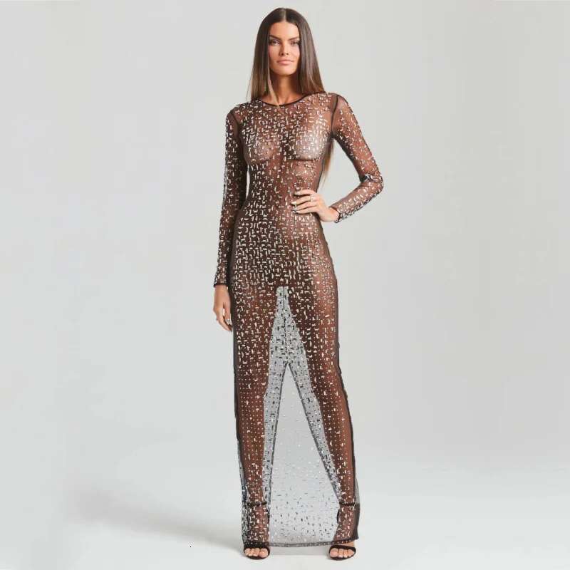 Dongdumaoyi Nieuwe Hot Fashion Sexy Strass Blouse Mesh Lange Mouw Split Jurk C