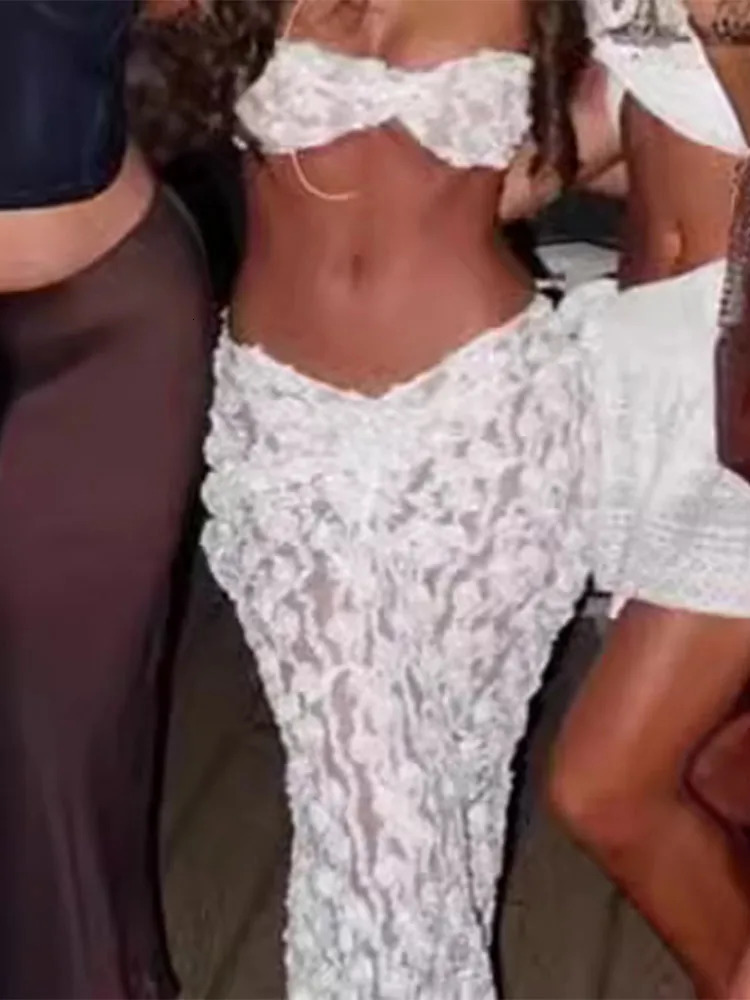 Sexy white lace dress 2piece set womens hollow strapless cut top long skirt beach holiday 250326