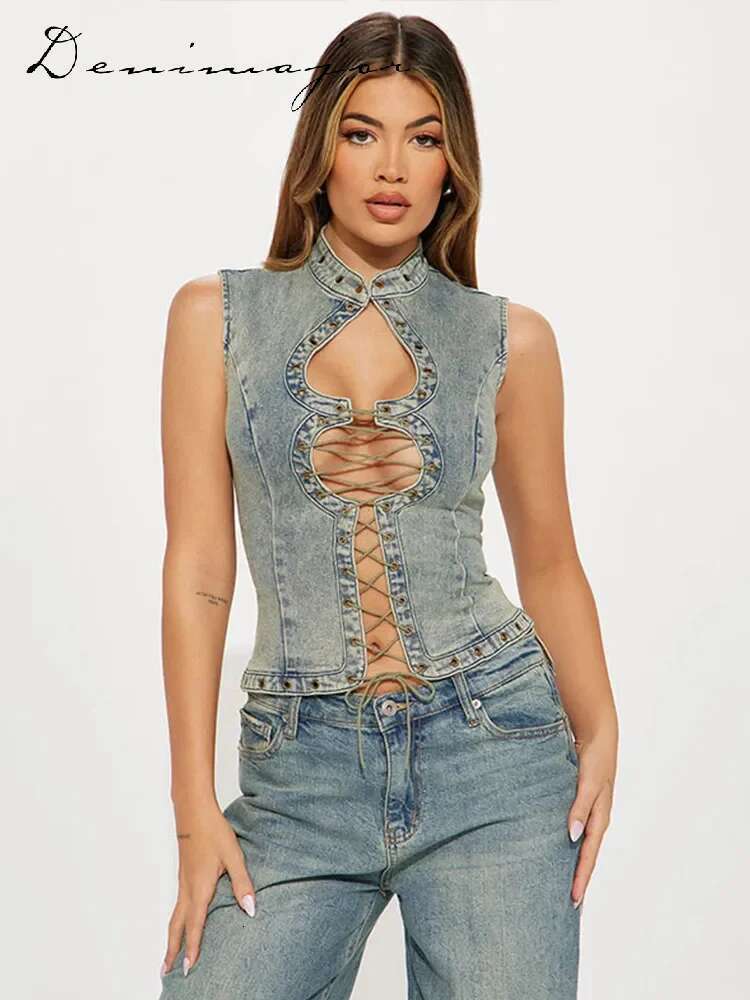 Sexy Denim Hollow Out Vest Women Slim Bandage Sleeveless Stand Collar Crop Tank Female Summer Fashion Y2k Lace Up Lady Top
