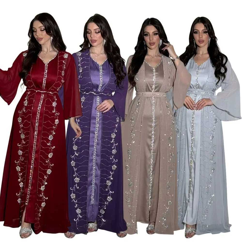Elegant 2 Pieces Muslim Sets for Women Eid Arab Open Abaya Dress Islam Femme Party Jalabiya Luxury Turkey Dress Moroccan Kaftan X250514