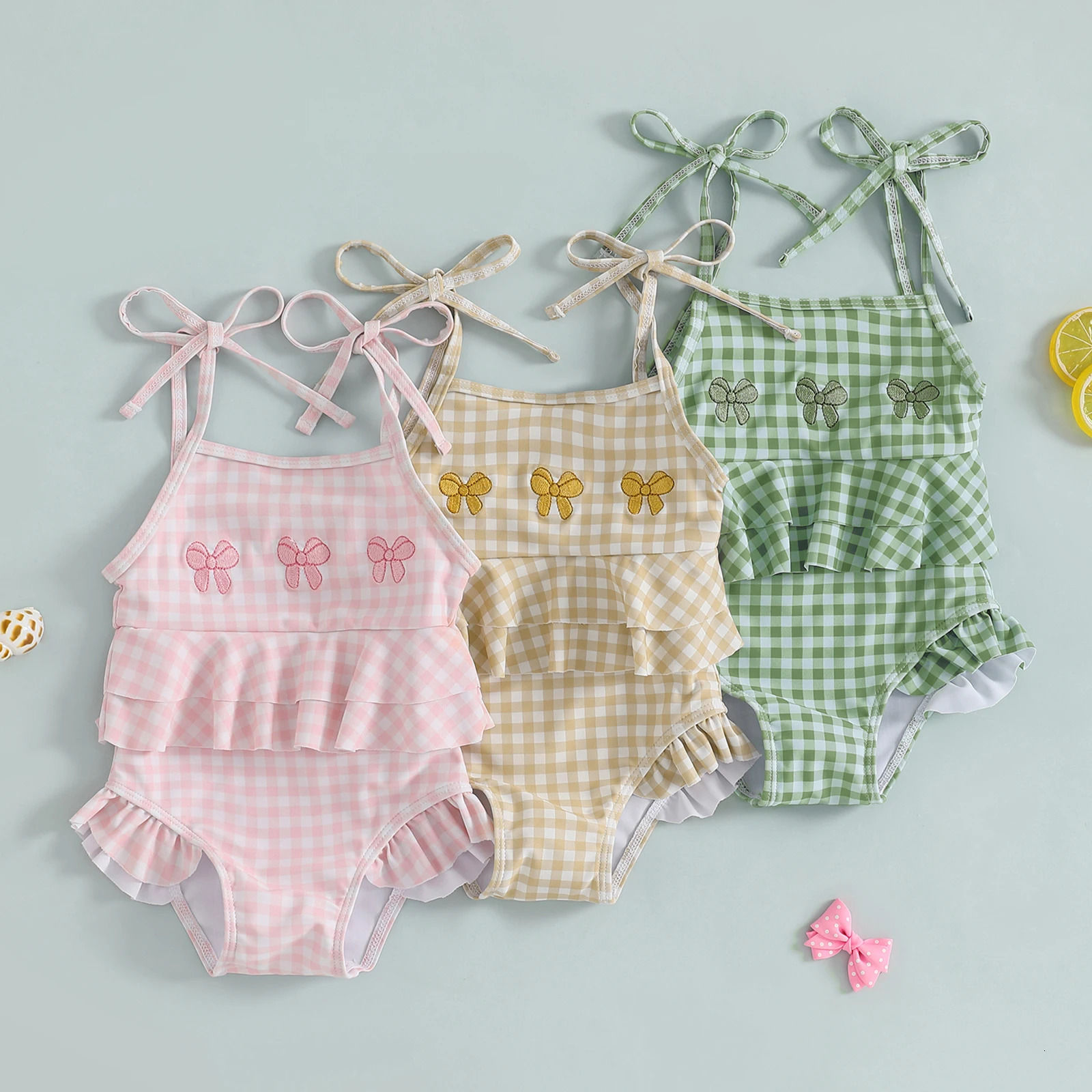 MISOWMNJOY Baby Strap Beachwear for Girls Swimsuit Cute Spaghetti Straps Tie-up Embroidery Bow Plaid Kids Swimming Bathing Suit 250326