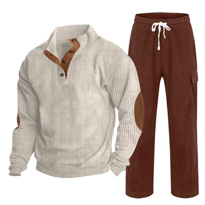 Mens autumn and winter sportswear Corduroy Henley shirt straight pants casual set 250326