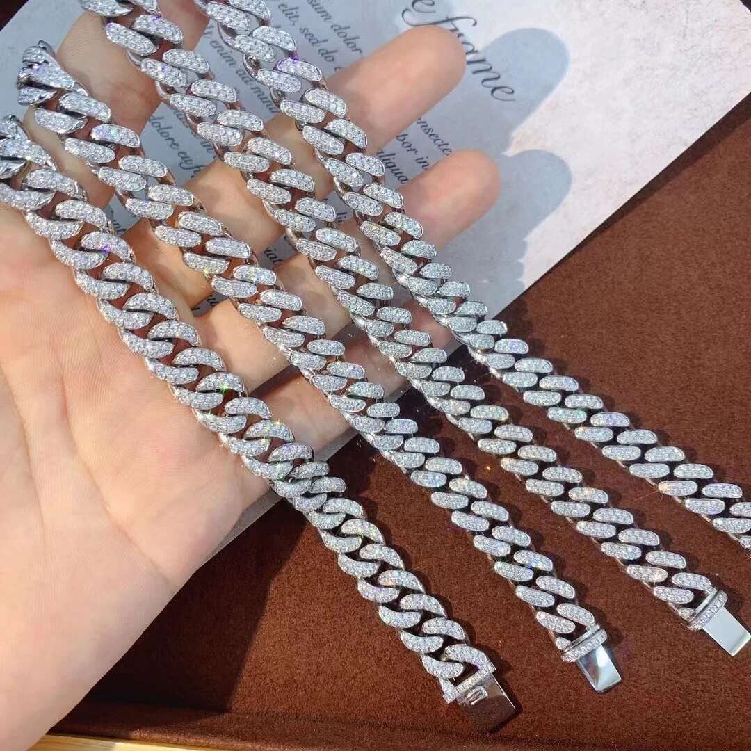 Hip Hop 2 Row 10mm Vvs d Color Moissanite Silver 925 Plated 18k Rose Gold Moissanite Cuban Link Chain for Man