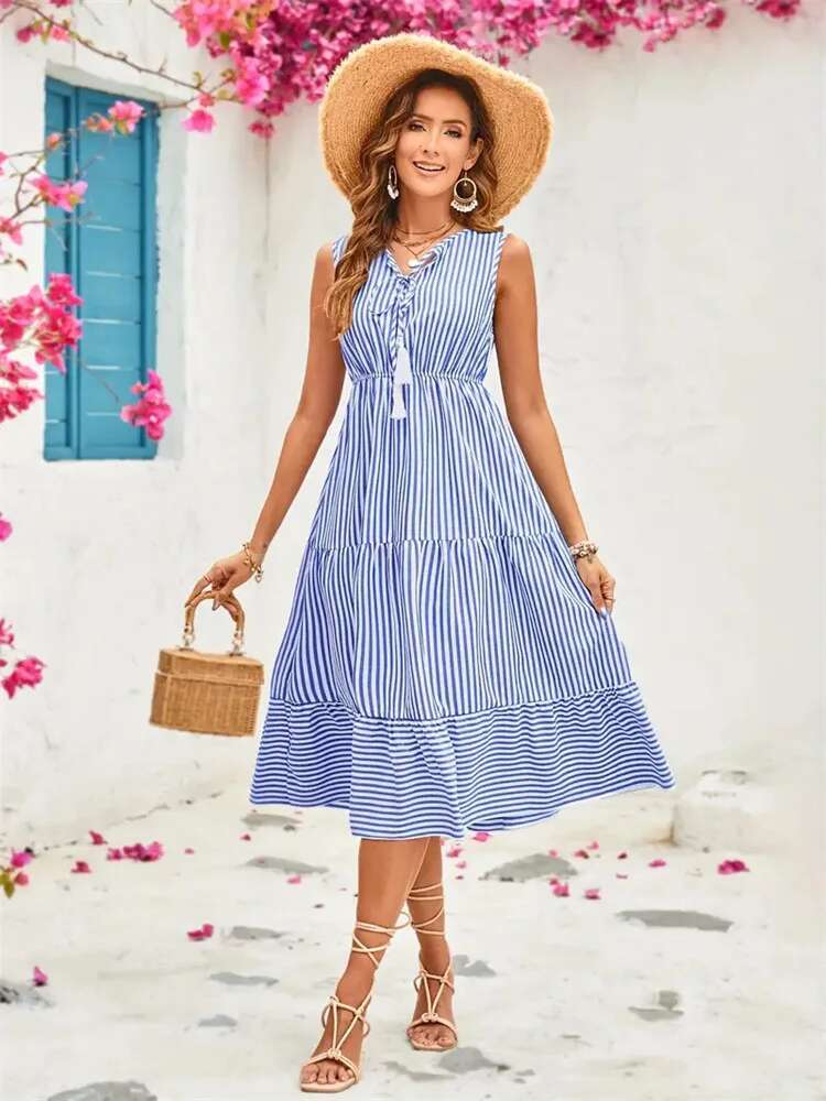 Dongdumaoyi Buttoned Striped Sleeveless Long Dress Spring Summer Design Inspired Tiered Export Women S Style C