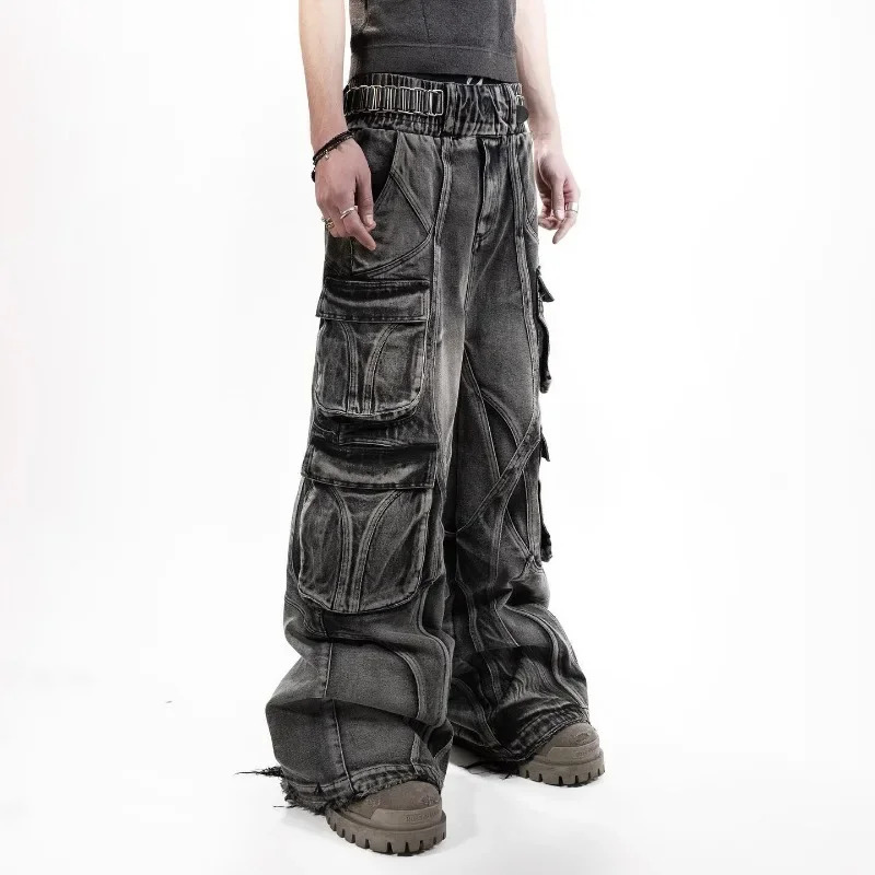 Heavy Washed Splicing Multi Pocket Loose Jeans Men Y2K American Fashion Streetwear Retro Rock Roll High-waisted Trousers 250317