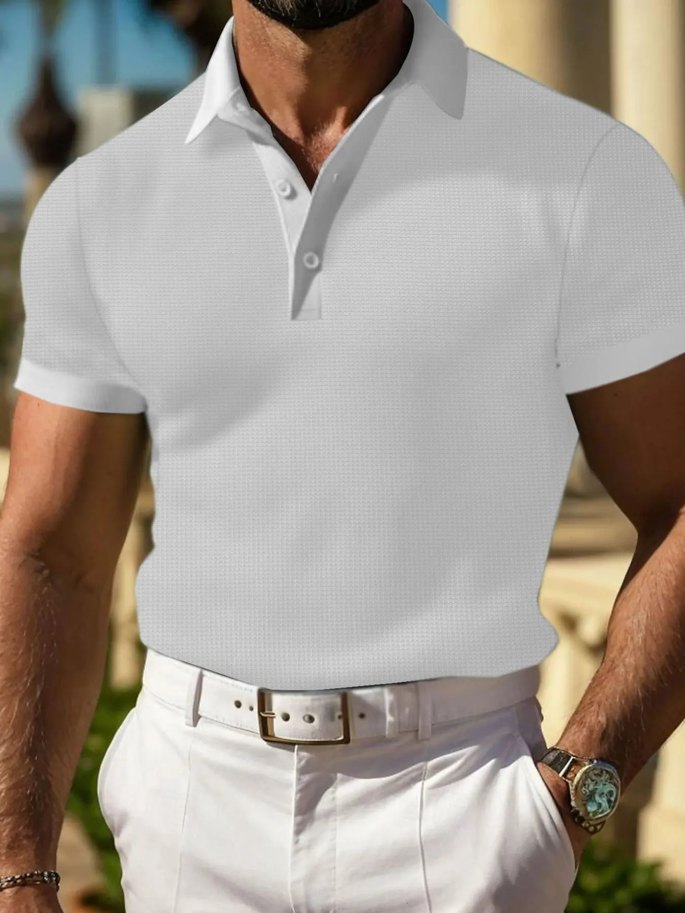 Mens fashionable muscle polo shirt casual Vneck short sleeved Tshirt classic knitted waffle golf 250327