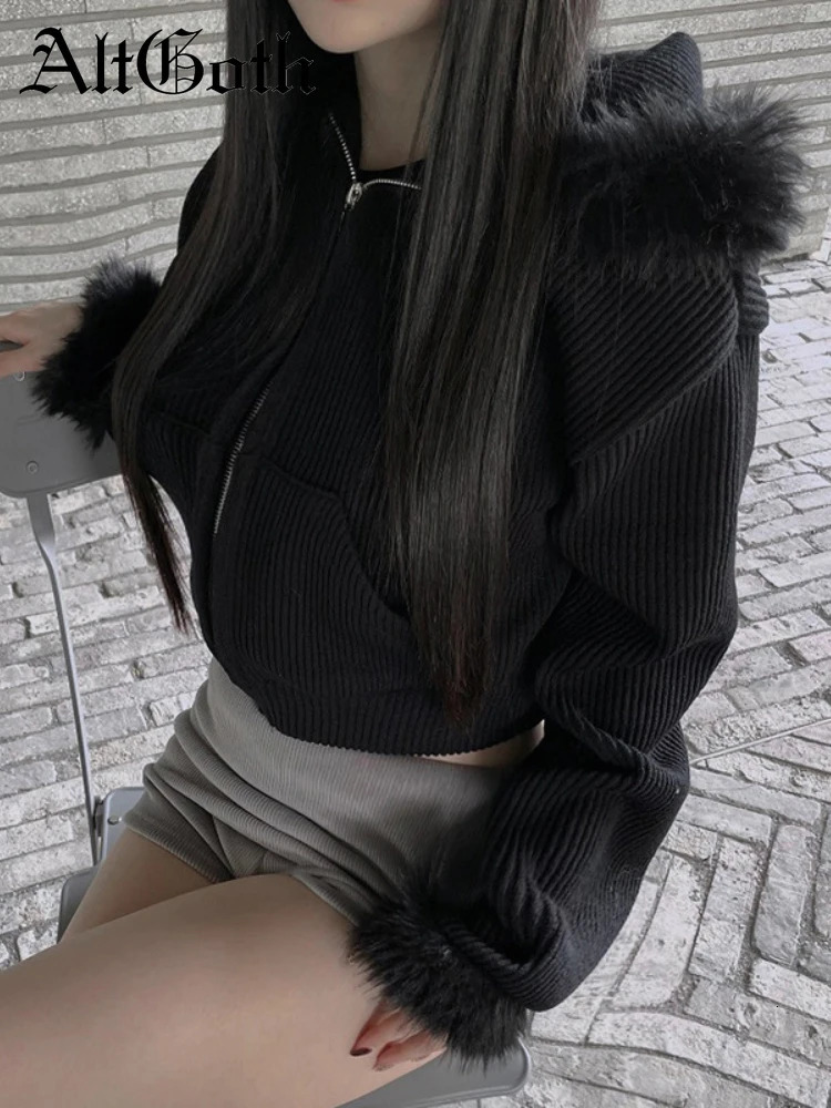 AltGoth Y2k Winter Warm Corduroy Coats Women Mall Gothic Streetwear Hipster Grunge Emo Alt Long Sleeve Hooded Crop Jackets Femme 250322