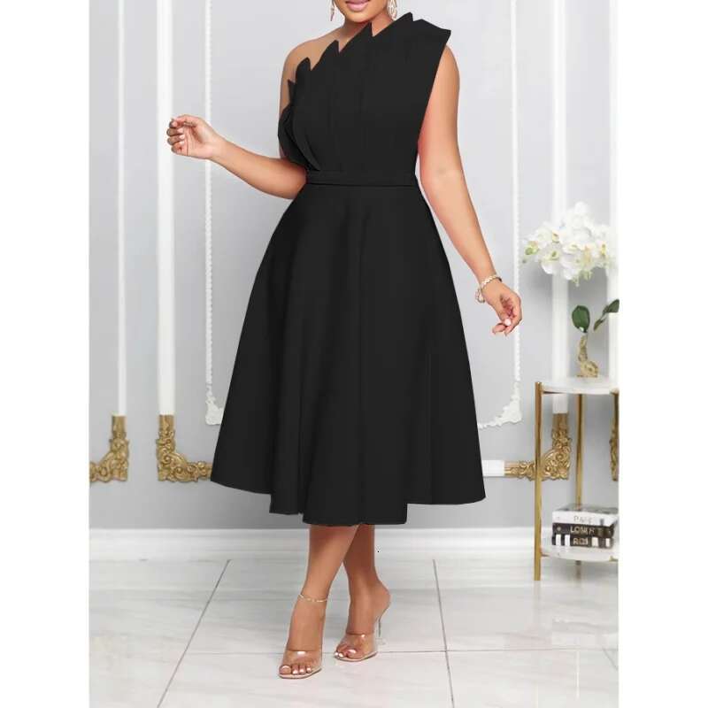 Dongdumaoyi Herfst Sexy Asymmetrische Halslijn Hoge Taille Mouwloze Uitlopende Damesmodejurk