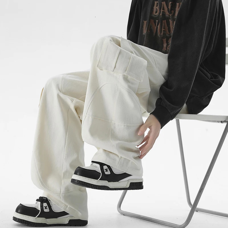 Classic mens loose cargo pants solid color large pocket casual fashionable streetwear retro wide leg 250327